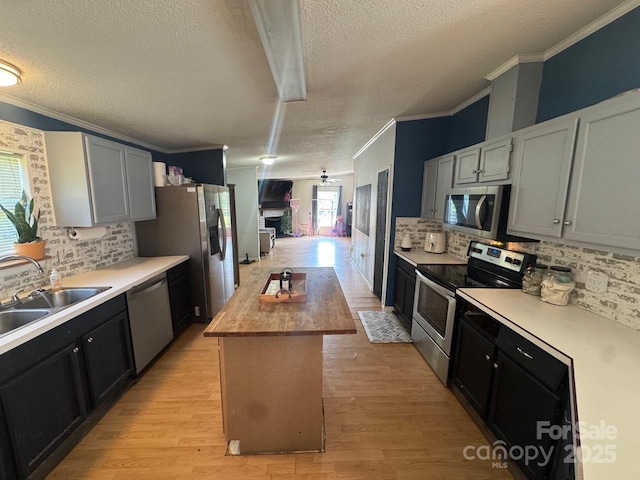 13211 Asbury Chapel Rd, Huntersville, NC 28078 - kitchen with appliances with stainless steel finishes, a textured ceiling, ornamental molding, light wood-style flooring, and a sink