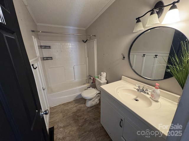13211 Asbury Chapel Rd, Huntersville, NC 28078 - full bath featuring toilet, a textured ceiling, shower / bathtub combination, vanity, and ornamental molding