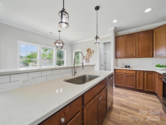 8304 Prescott Glen Pkwy, Waxhaw, NC 28173 - kitchen with a sink, decorative backsplash, hanging light fixtures, light wood-style flooring, and stainless steel dishwasher