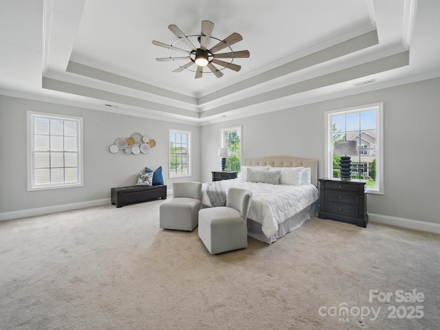 8304 Prescott Glen Pkwy, Waxhaw, NC 28173 - bedroom featuring a raised ceiling, crown molding, carpet, baseboards, and a ceiling fan