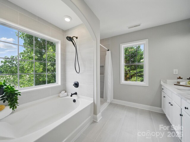 8304 Prescott Glen Pkwy, Waxhaw, NC 28173 - bathroom featuring tiled shower, vanity, healthy amount of natural light, and a tub