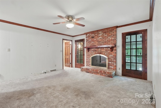 1517 E Barden Rd, Charlotte, NC 28226 - unfurnished living room with a ceiling fan, carpet floors, a brick fireplace, and ornamental molding