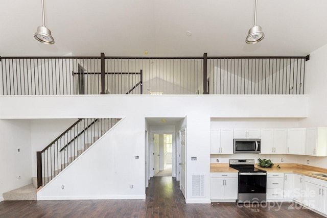 109 Tumblebug Trail Rd, Flat Rock, NC 28731 - kitchen featuring stainless steel appliances, dark wood-style flooring, white cabinets, decorative light fixtures, and a high ceiling