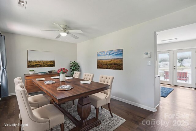 6516 Laurel Springs Ct, Charlotte, NC 28227 - dining area featuring wood finished floors, baseboards, a ceiling fan, and french doors
