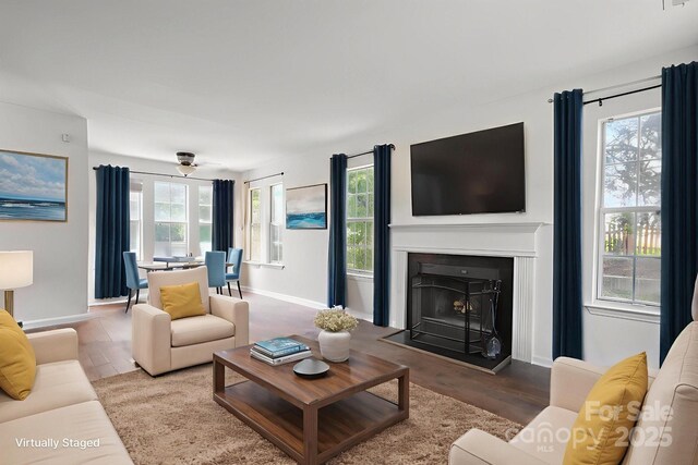 6516 Laurel Springs Ct, Charlotte, NC 28227 - living area with healthy amount of natural light, a fireplace with raised hearth, and wood finished floors