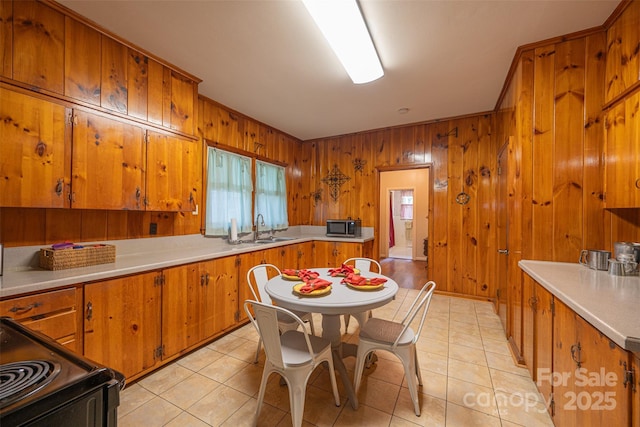 100 S Rudisill Ave, Cherryville, NC 28021 - kitchen with black appliances, brown cabinetry, a sink, light countertops, and wood walls