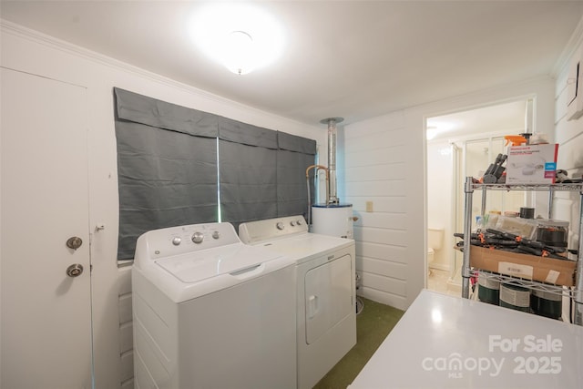 100 S Rudisill Ave, Cherryville, NC 28021 - washroom with independent washer and dryer, ornamental molding, and water heater