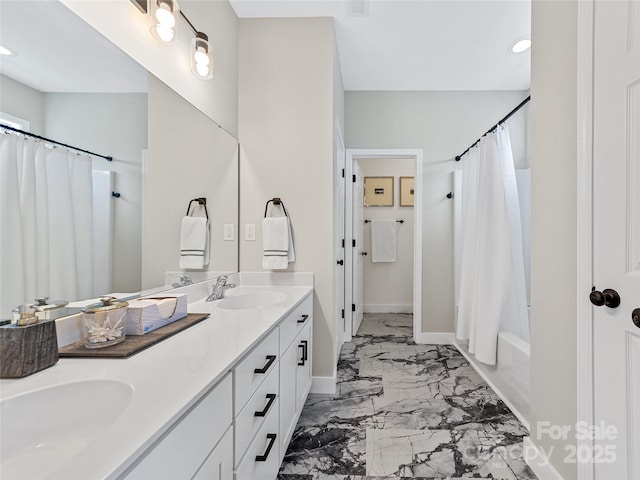 218 Water Leaf Dr, Weaverville, NC 28787 - bathroom featuring marble look tiles, double vanity, shower / bath combo, baseboards, and recessed lighting
