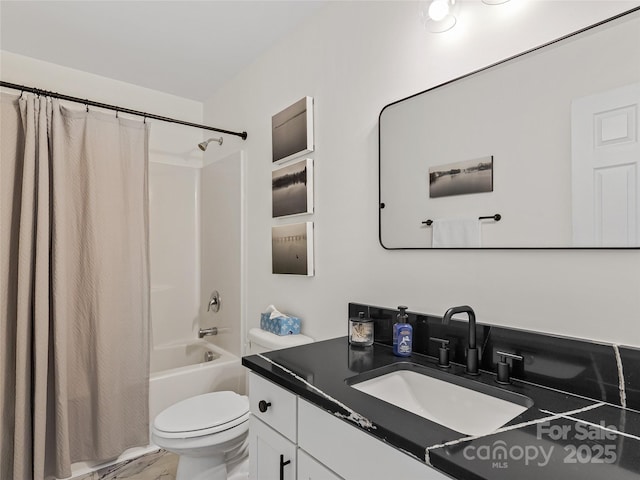 218 Water Leaf Dr, Weaverville, NC 28787 - full bathroom featuring vanity, toilet, shower / bath combination with curtain, and marble finish floors