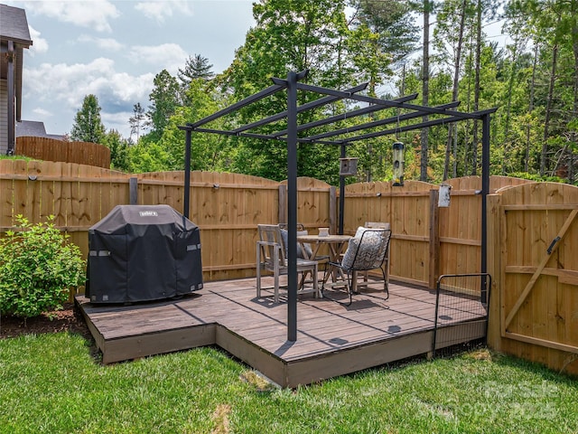 218 Water Leaf Dr, Weaverville, NC 28787 - wooden terrace featuring a gate, a grill, and outdoor dining space