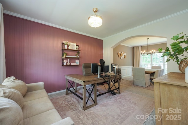 2908 Barnard Castle Ln, Matthews, NC 28104 - office featuring a chandelier, arched walkways, crown molding, and light carpet