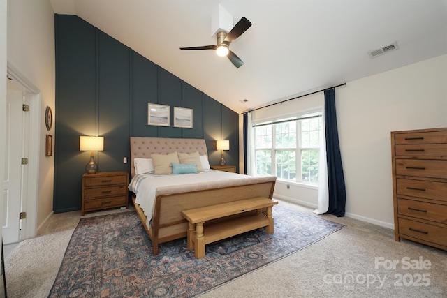 2908 Barnard Castle Ln, Matthews, NC 28104 - bedroom featuring high vaulted ceiling, light colored carpet, baseboards, and a ceiling fan