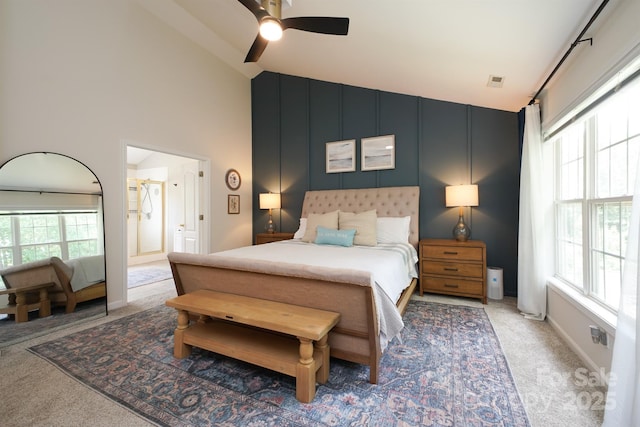 2908 Barnard Castle Ln, Matthews, NC 28104 - bedroom featuring light carpet, high vaulted ceiling, ensuite bathroom, and a ceiling fan