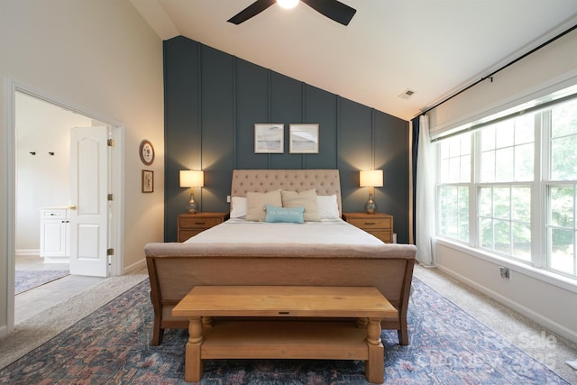 2908 Barnard Castle Ln, Matthews, NC 28104 - bedroom with light colored carpet, multiple windows, high vaulted ceiling, ceiling fan, and baseboards