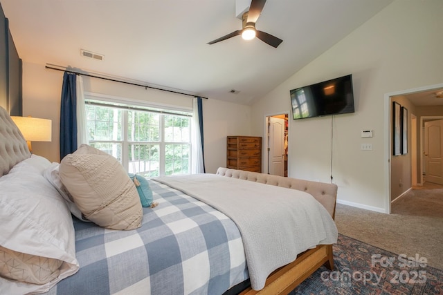 2908 Barnard Castle Ln, Matthews, NC 28104 - bedroom featuring vaulted ceiling, carpet flooring, baseboards, and a ceiling fan
