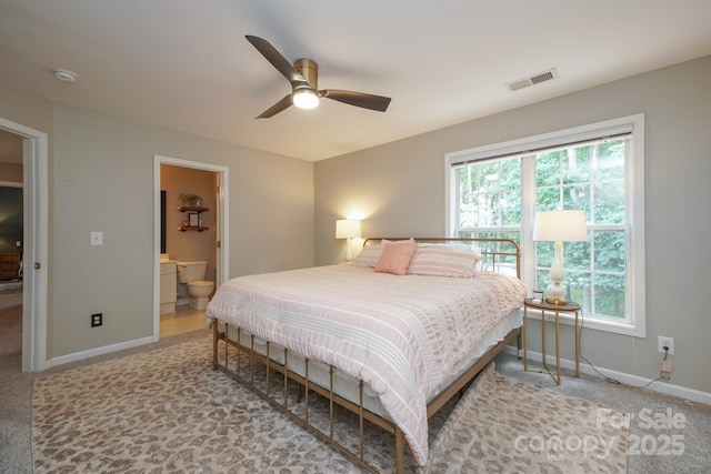 2908 Barnard Castle Ln, Matthews, NC 28104 - bedroom featuring baseboards, carpet flooring, ensuite bathroom, and ceiling fan