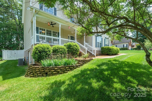 2908 Barnard Castle Ln, Matthews, NC 28104 - view of front of home featuring a porch, central air condition unit, a ceiling fan, and stairs