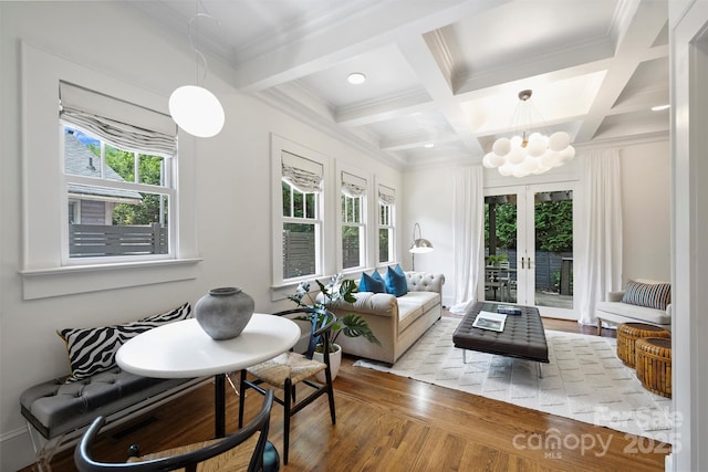 1417 The Plz, Charlotte, NC 28205 - living room featuring beamed ceiling, a chandelier, wood finished floors, coffered ceiling, and french doors