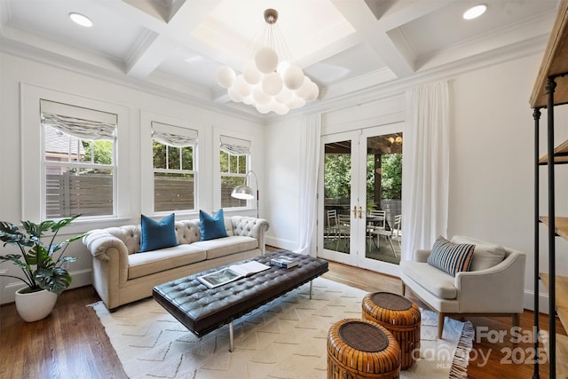 1417 The Plz, Charlotte, NC 28205 - living area featuring french doors, coffered ceiling, beam ceiling, light wood-style floors, and crown molding