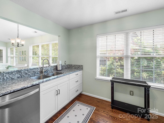 20 E Fairway View Ct, Etowah, NC 28729 - kitchen featuring stainless steel dishwasher, a chandelier, light stone counters, and dark wood-type flooring