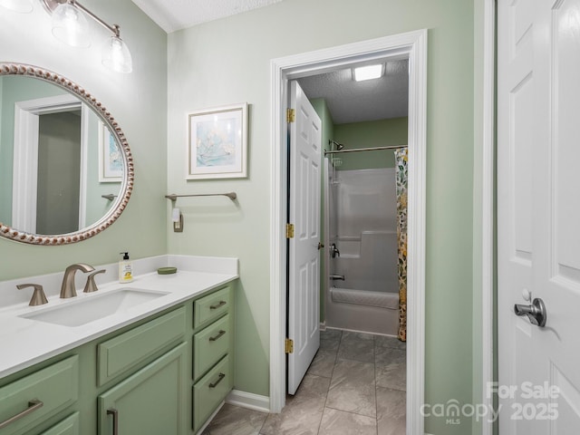 20 E Fairway View Ct, Etowah, NC 28729 - bathroom with marble finish floors, vanity, a textured ceiling, and shower / bath combo