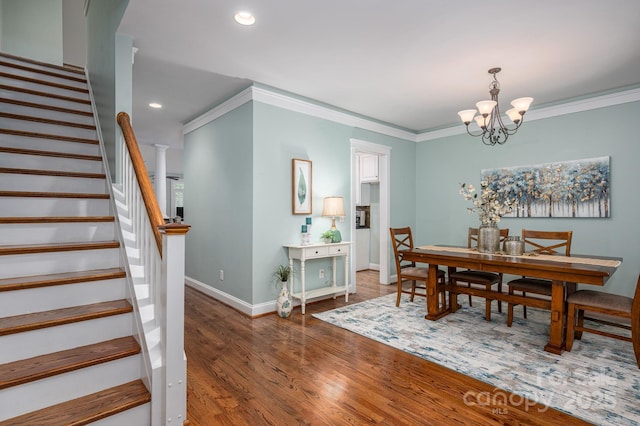 506 Academy St, Mcadenville, NC 28101 - dining area featuring a chandelier, stairway, baseboards, wood finished floors, and recessed lighting