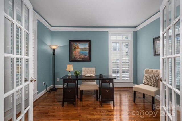 506 Academy St, Mcadenville, NC 28101 - office with french doors, ornamental molding, wood finished floors, and baseboards