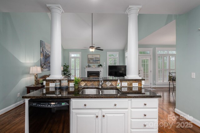 506 Academy St, Mcadenville, NC 28101 - kitchen with ornate columns, black dishwasher, a sink, and vaulted ceiling