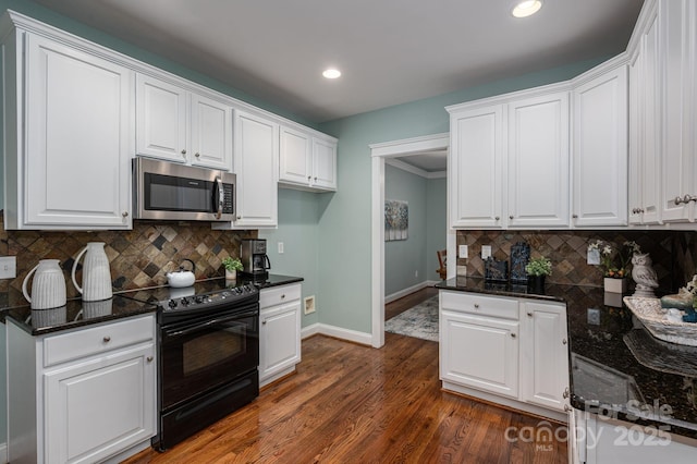 506 Academy St, Mcadenville, NC 28101 - kitchen with black / electric stove, stainless steel microwave, white cabinetry, decorative backsplash, and recessed lighting