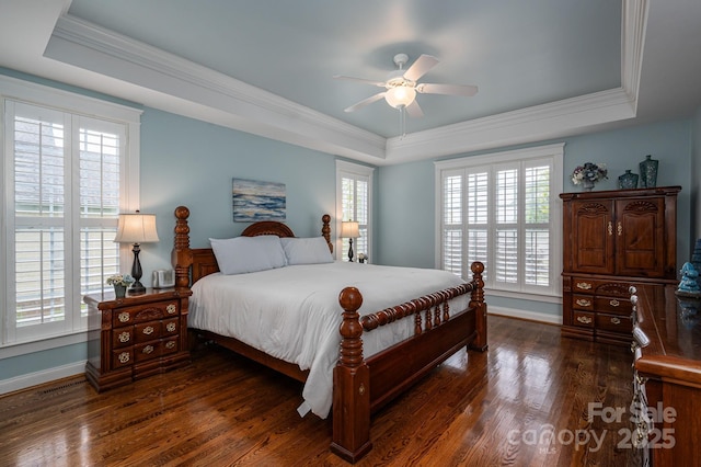 506 Academy St, Mcadenville, NC 28101 - bedroom featuring a tray ceiling, ornamental molding, multiple windows, and dark wood-style flooring