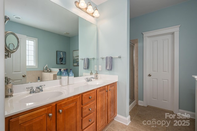 506 Academy St, Mcadenville, NC 28101 - full bathroom with double vanity, a stall shower, tile patterned flooring, and baseboards