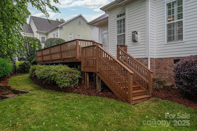 506 Academy St, Mcadenville, NC 28101 - rear view of house featuring a yard, a wooden deck, stairway, and crawl space
