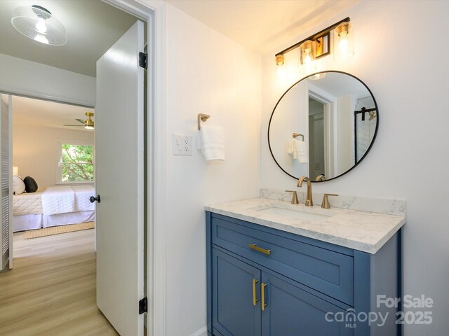 4754 Hedgemore Dr Unit E, Charlotte, NC 28209 - bathroom with vanity, ensuite bathroom, wood finished floors, and a ceiling fan