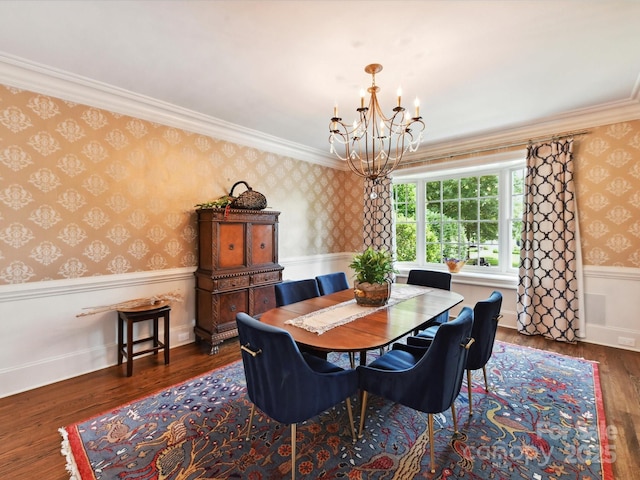 2526 Sherwood Ave, Charlotte, NC 28207 - dining space with wallpapered walls, wood finished floors, a chandelier, a wainscoted wall, and ornamental molding