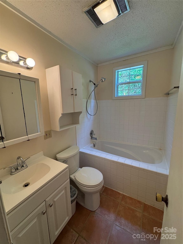 232 Cole Hollow Rd, Newland, NC 28657 - bathroom with vanity, a textured ceiling, ornamental molding, tiled shower / bath combo, and tile patterned floors