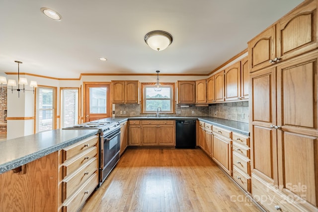 12705 Caldwell Rd, Charlotte, NC 28213 - kitchen featuring stainless steel stove, black dishwasher, decorative light fixtures, decorative backsplash, and crown molding