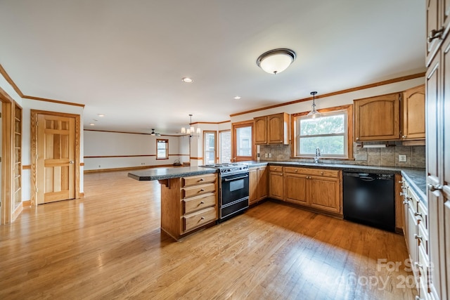 12705 Caldwell Rd, Charlotte, NC 28213 - kitchen with black appliances, a peninsula, brown cabinetry, crown molding, and dark countertops