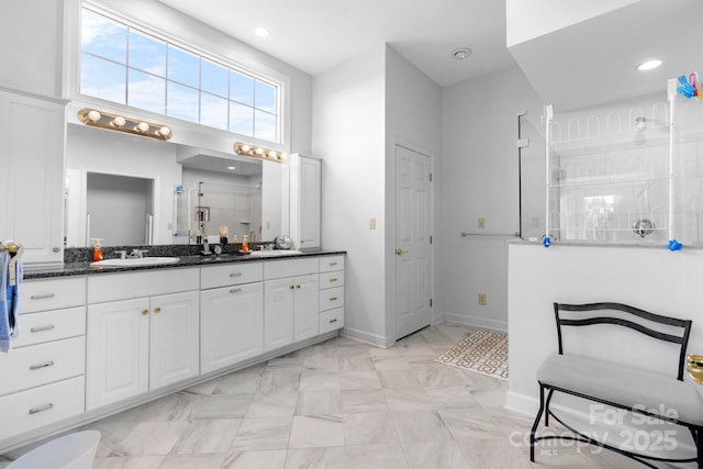 3541 Blankenship Dr, Morganton, NC 28655 - bathroom featuring a walk in shower, vanity, recessed lighting, and marble look tile flooring