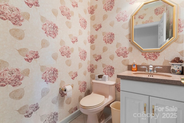 3541 Blankenship Dr, Morganton, NC 28655 - half bath featuring wallpapered walls, vanity, and tile patterned floors