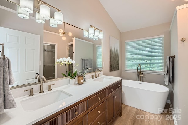 7810 Leisure Ln, Huntersville, NC 28078 - bathroom featuring lofted ceiling, wood finished floors, a soaking tub, double vanity, and a shower with shower door