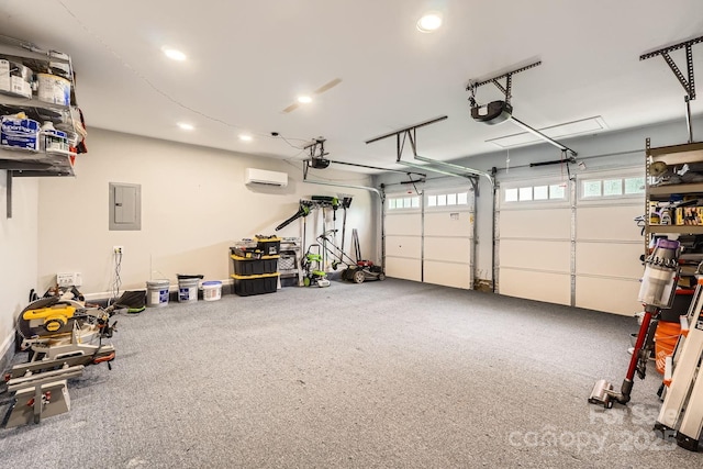7810 Leisure Ln, Huntersville, NC 28078 - garage featuring electric panel, an AC wall unit, recessed lighting, and a garage door opener