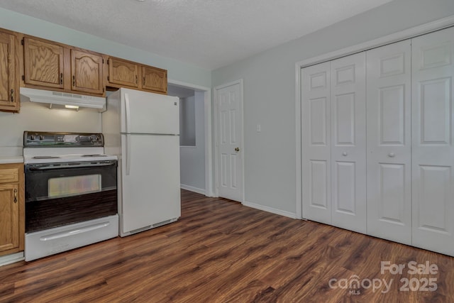 222 New Stock Rd, Weaverville, NC 28787 - kitchen featuring under cabinet range hood, freestanding refrigerator, range with electric cooktop, dark wood-style floors, and light countertops