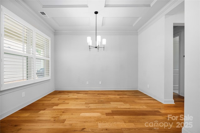 3008 Laney Pond Rd, Matthews, NC 28104 - unfurnished dining area with a chandelier, coffered ceiling, light wood finished floors, baseboards, and crown molding