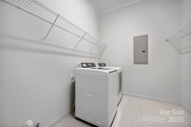 3008 Laney Pond Rd, Matthews, NC 28104 - laundry area featuring electric panel, washing machine and clothes dryer, baseboards, and ornamental molding