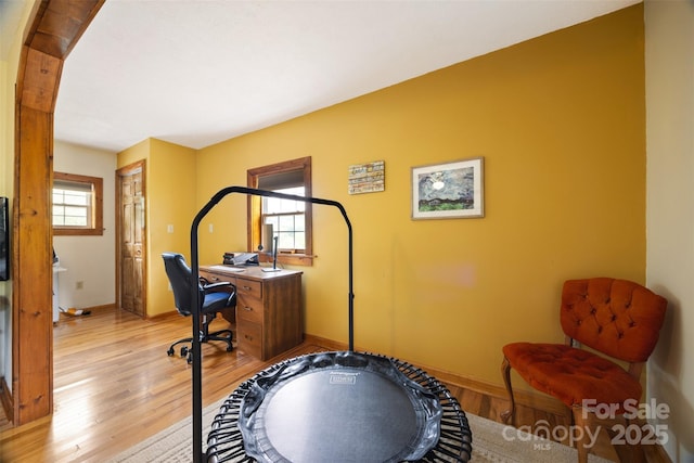 242 Ladd Parsons Rd, Crumpler, NC 28617 - exercise area with light wood-type flooring, baseboards, and arched walkways