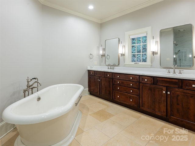 50 Brookline Dr, Asheville, NC 28803 - full bathroom with double vanity, a freestanding tub, ornamental molding, a shower, and baseboards