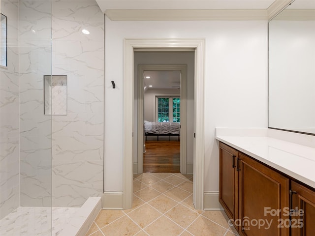 50 Brookline Dr, Asheville, NC 28803 - ensuite bathroom with vanity, baseboards, a marble finish shower, and tile patterned floors
