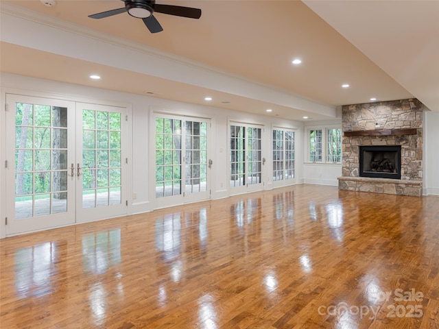 50 Brookline Dr, Asheville, NC 28803 - unfurnished living room featuring ornamental molding, a ceiling fan, recessed lighting, a fireplace, and wood finished floors