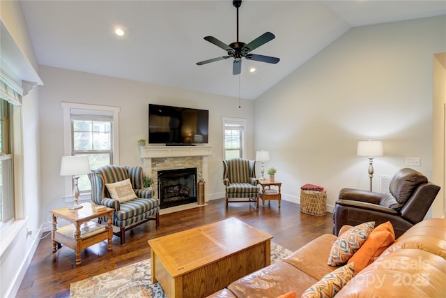 54 Asher Ln, Etowah, NC 28729 - living room with vaulted ceiling, a stone fireplace, a ceiling fan, recessed lighting, and dark wood-style flooring