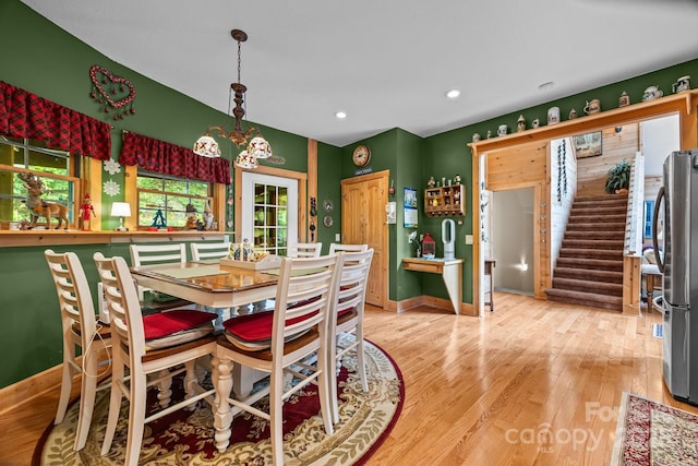158 Raven Blvd, Lake Lure, NC 28746 - dining area featuring light wood-style flooring, stairway, recessed lighting, and baseboards